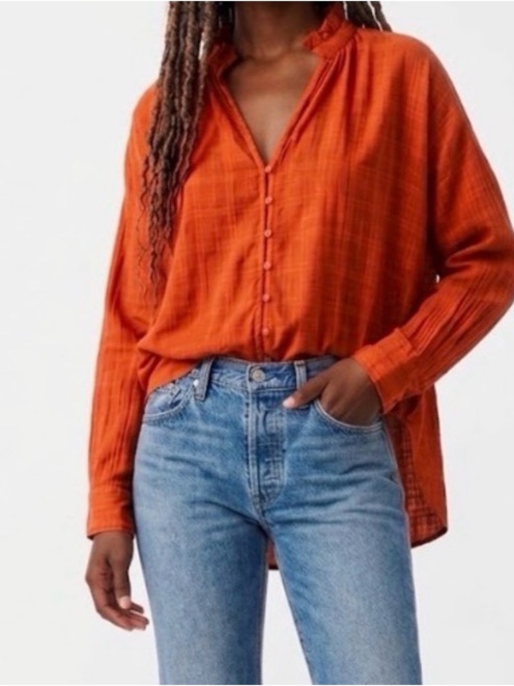 Anthro Pilcro Tavi Oversized Textured 100% Cotton Blouse Small Coral Red Top EUC